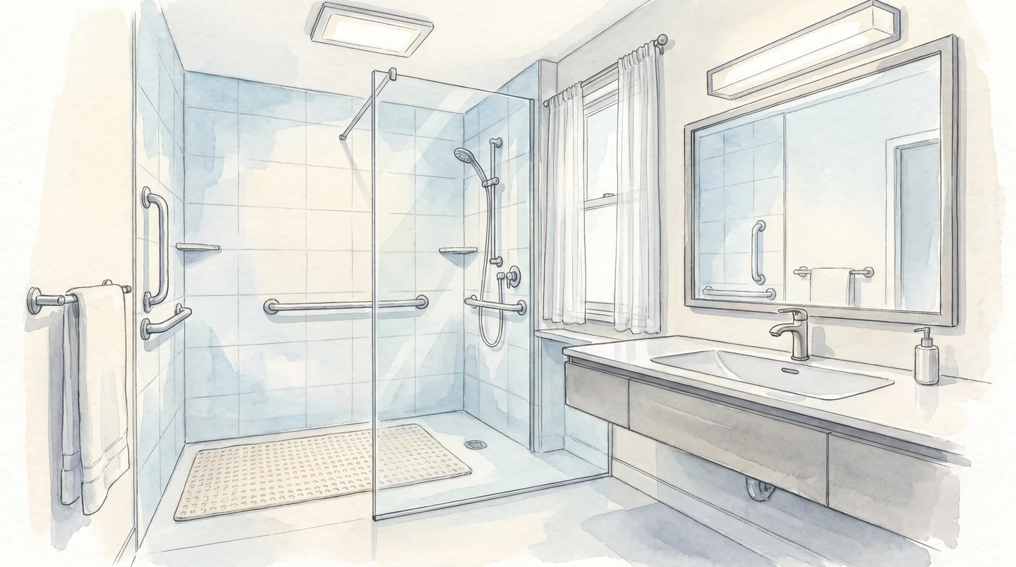 Accessible bathroom with grab bars and walk-in shower for aging in place safety