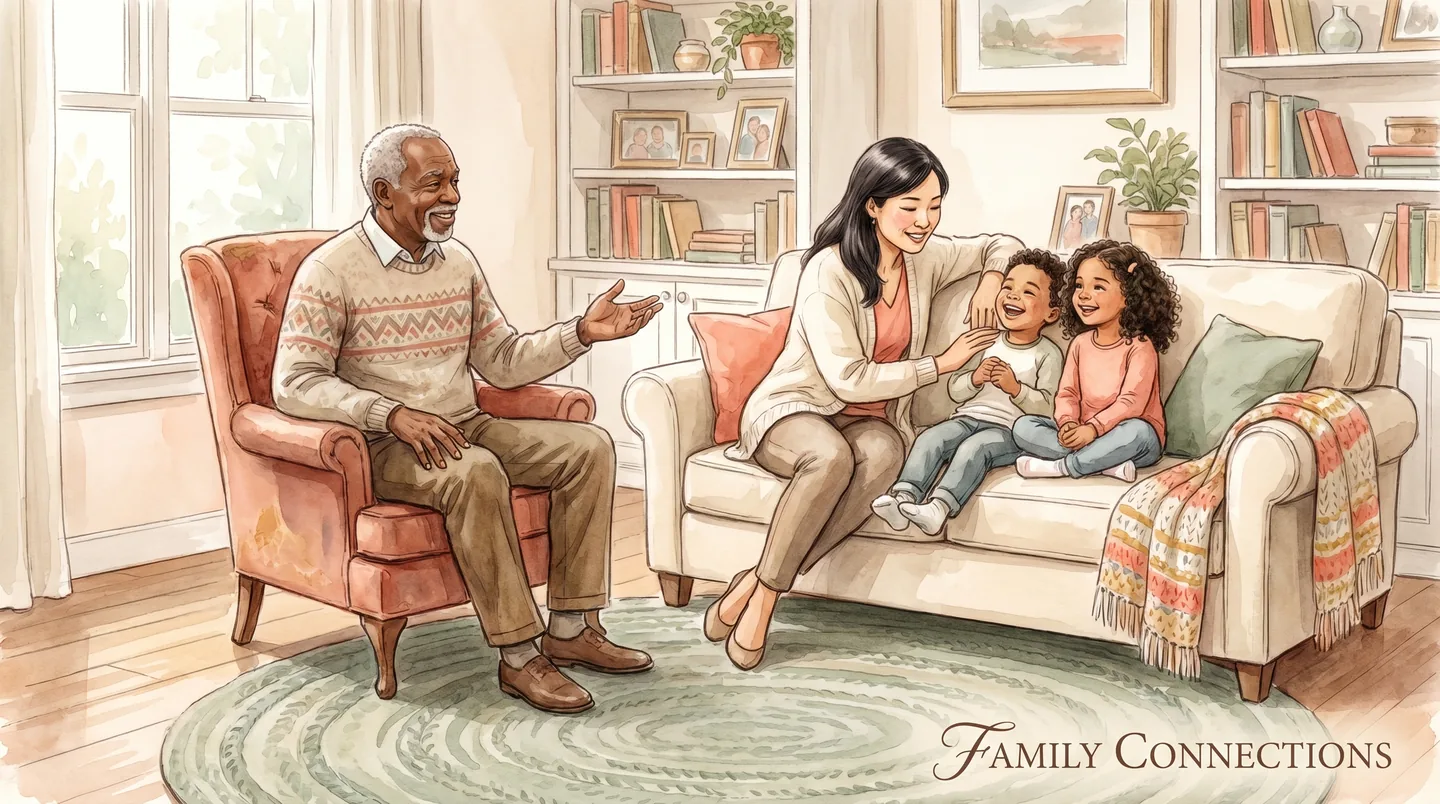 Family and friends laughing together over coffee in a comfortable home setting