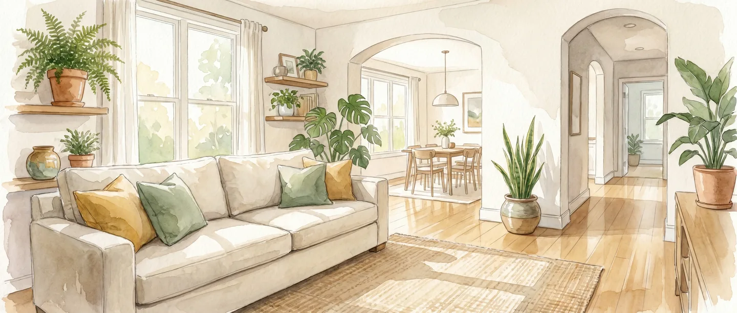 Confident older adult standing in a bright, sunlit living room with plants and comfortable furniture