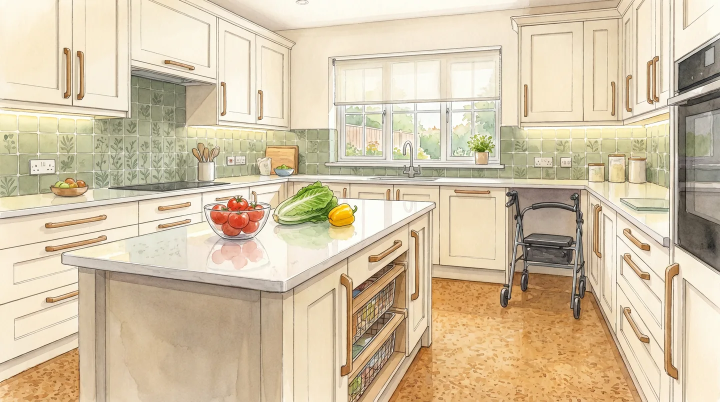 Bright, well-organized kitchen with accessible storage for aging in place