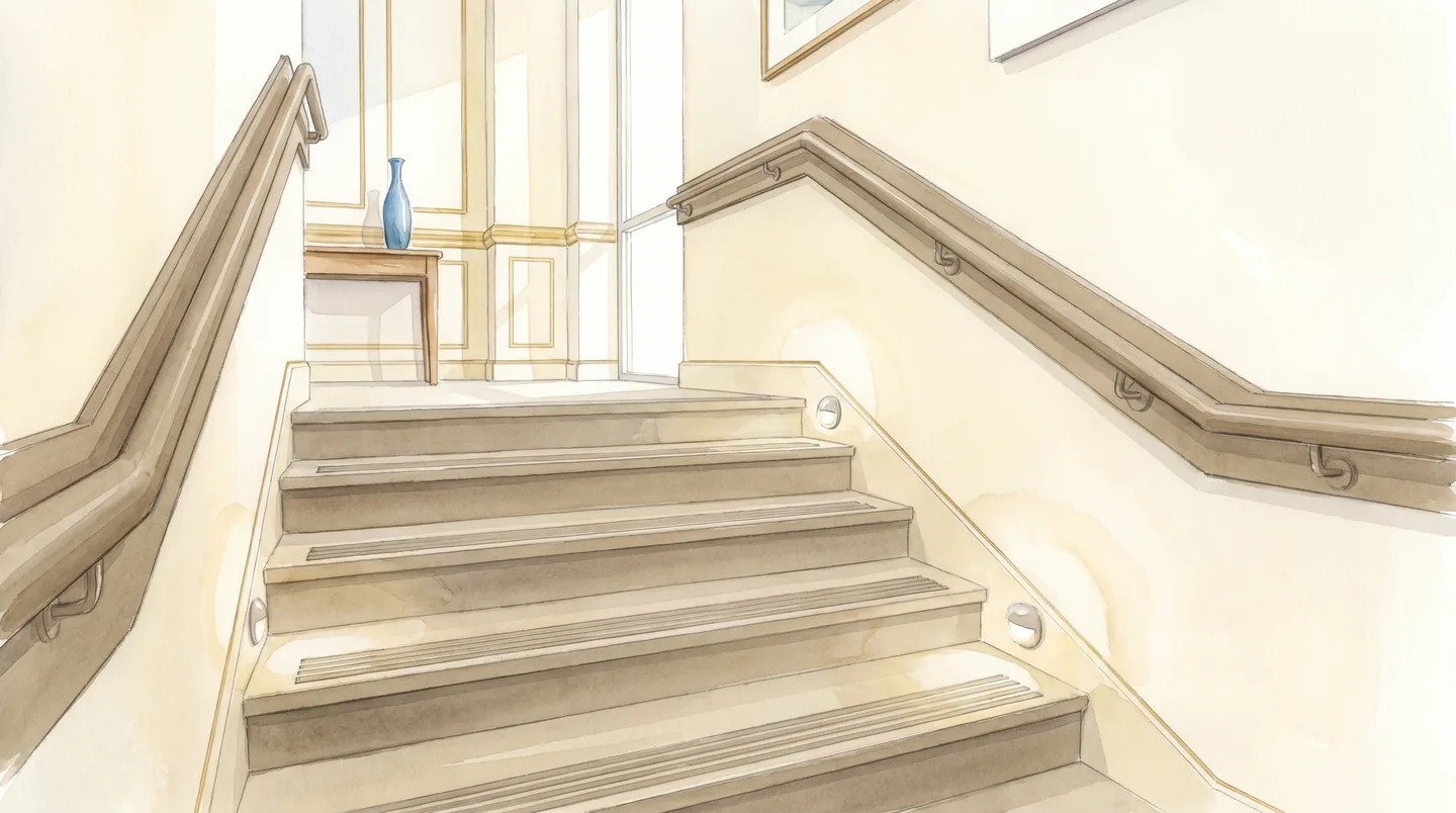 Well-lit staircase with sturdy handrails on both sides for home fall prevention