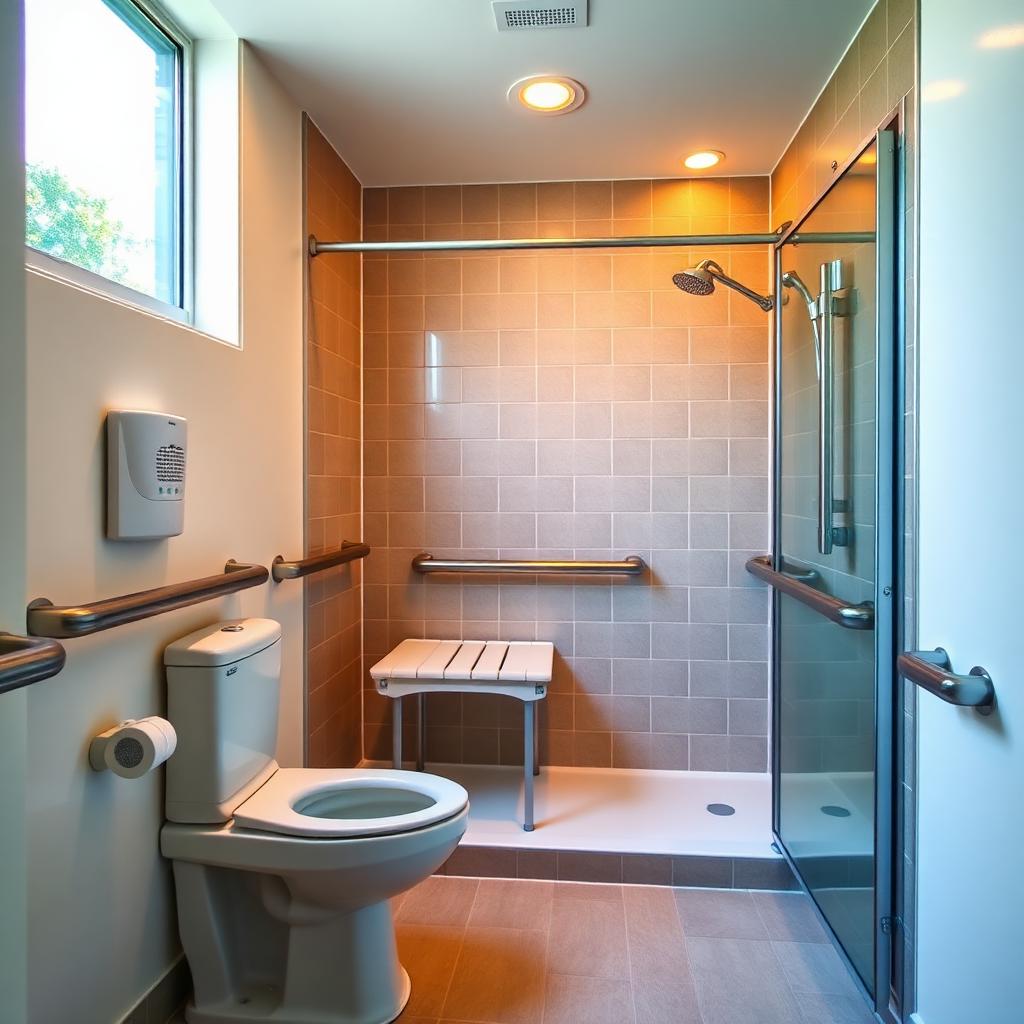 Accessible bathroom with grab bars and walk-in shower for aging in place safety