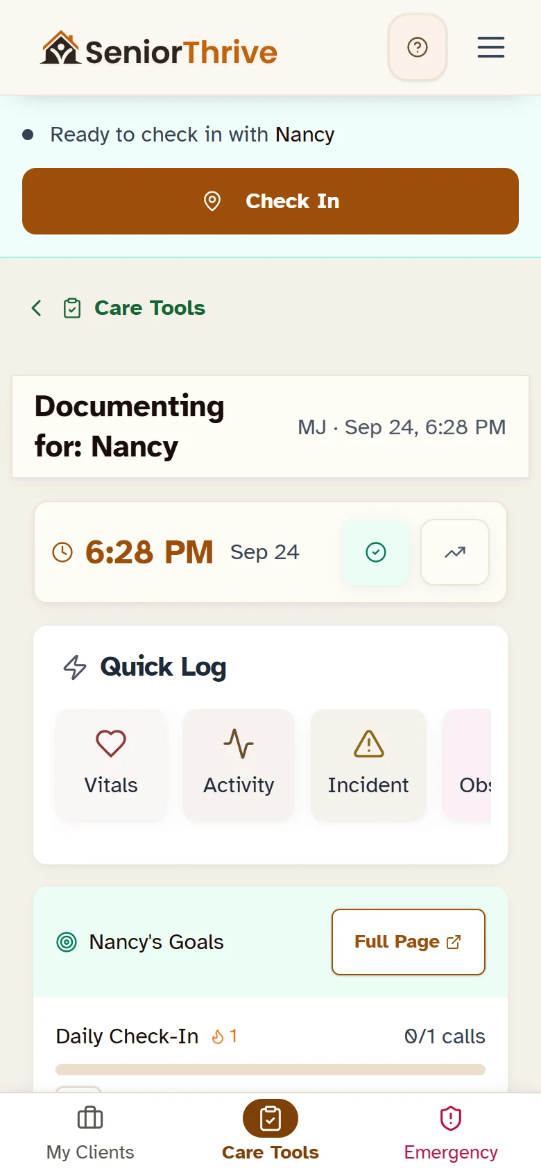 Documentation: visit notes and shift handoffs, written on the caregiver's phone