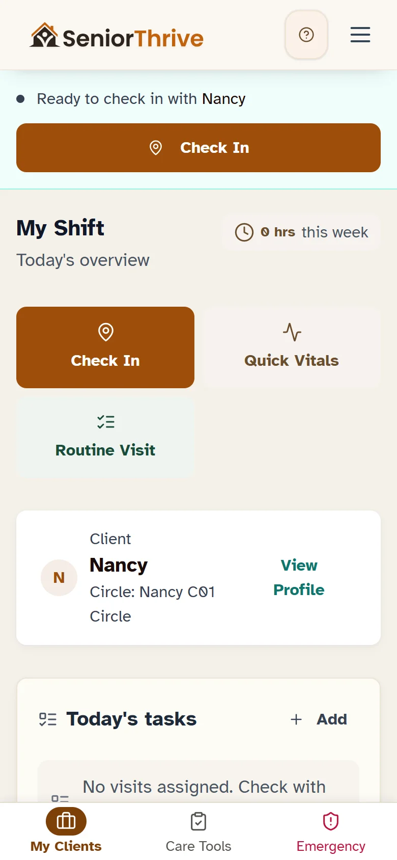 My Shift: the caregiver's home screen, with check-in and the day's client