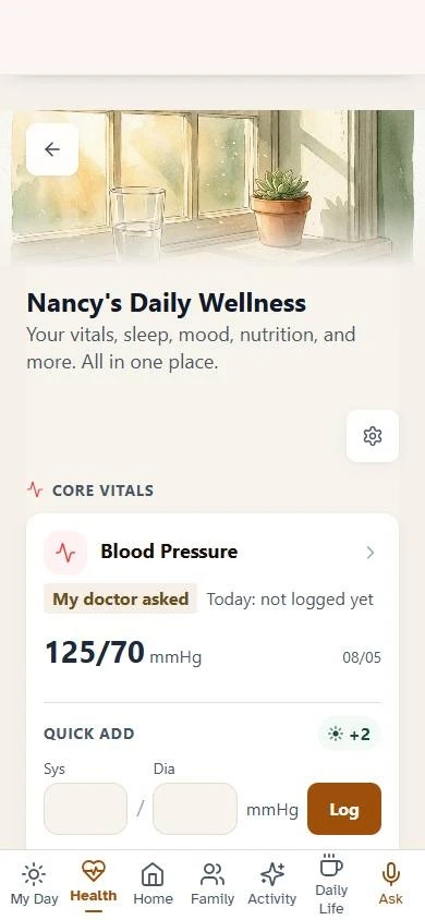 Daily Wellness: a blood pressure reading marked 'My doctor asked', logged at home with the date