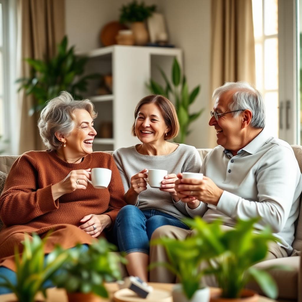 Family and friends laughing together over coffee in a comfortable home setting