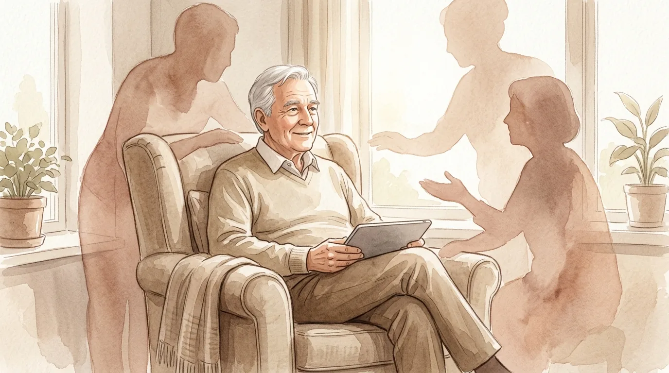 Older man in a comfortable armchair by a window with a tablet on his lap, smiling gently, soft warm light