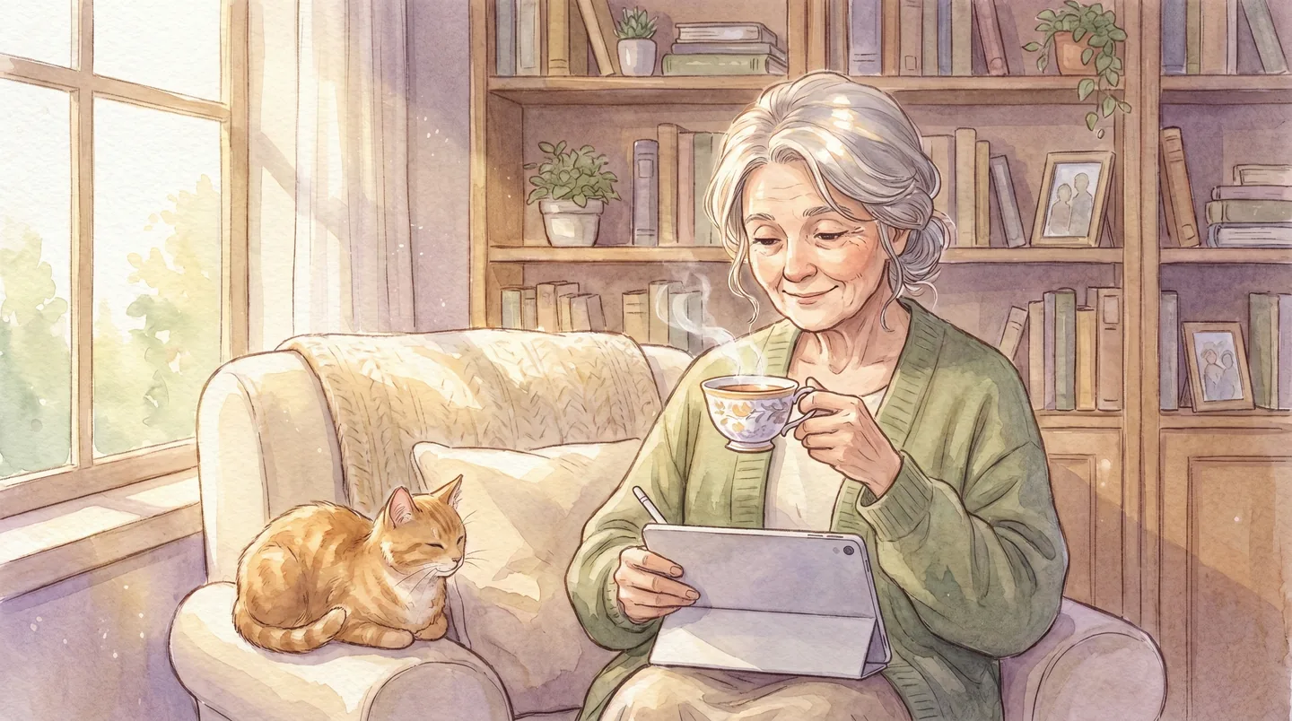 Older adult in bright morning kitchen with tea, smiling while checking in on tablet
