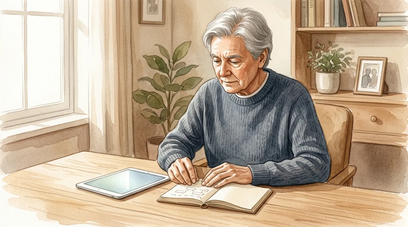 Older adult at a home desk with tablet and paper notebook, gently noting where digital accounts are kept