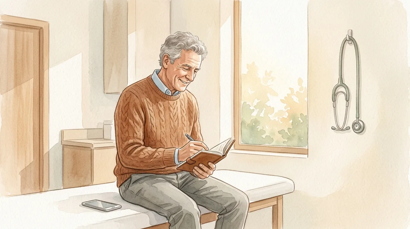 Older woman at a kitchen table with a cup of tea and an open notebook, writing calmly after an appointment, warm afternoon light