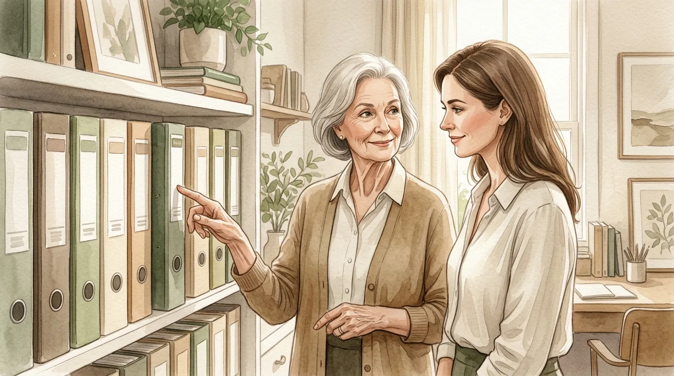 Older adult pointing at a labeled folder on a shelf, adult daughter beside her, attentive and calm