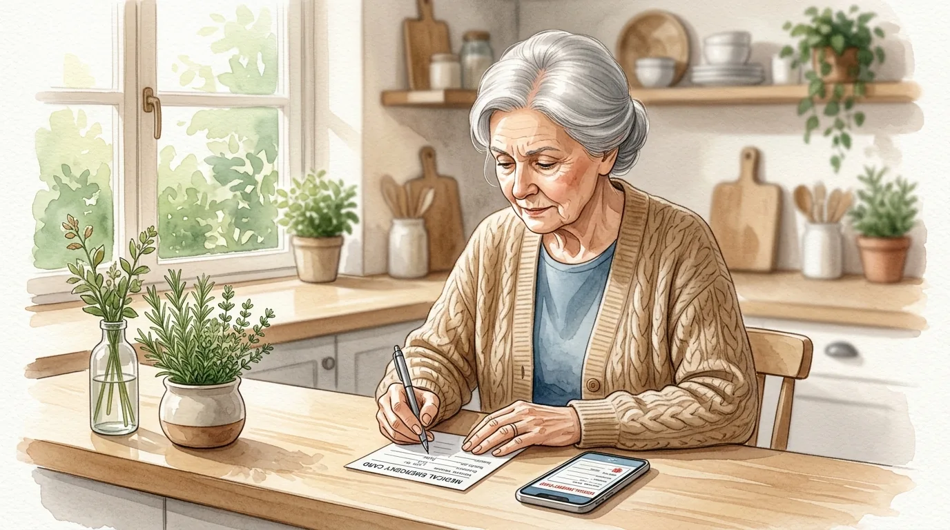 Older woman with silver hair in a cozy kitchen, carefully filling out a printed emergency card, phone beside her showing the same card