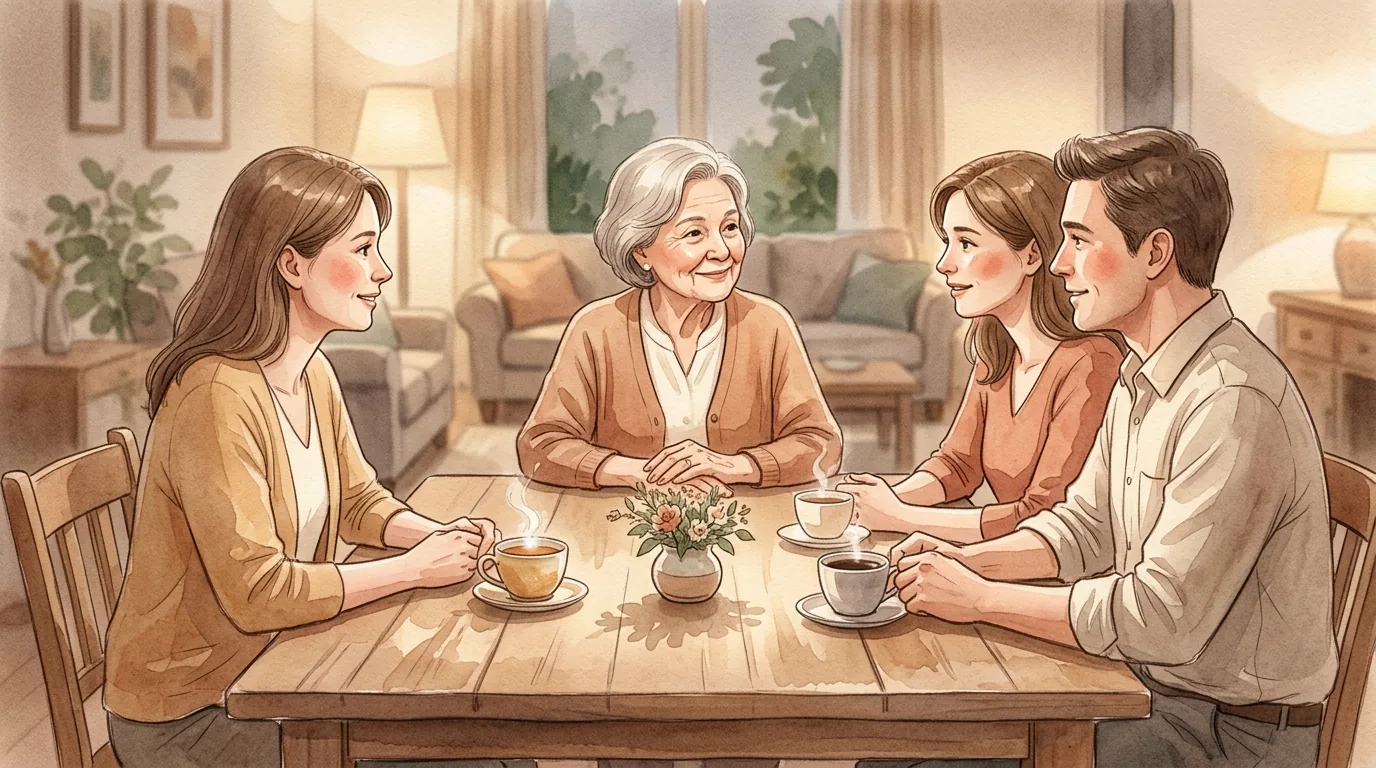 Multigenerational family gathered at a warm dining table in relaxed conversation, soft evening lamp light
