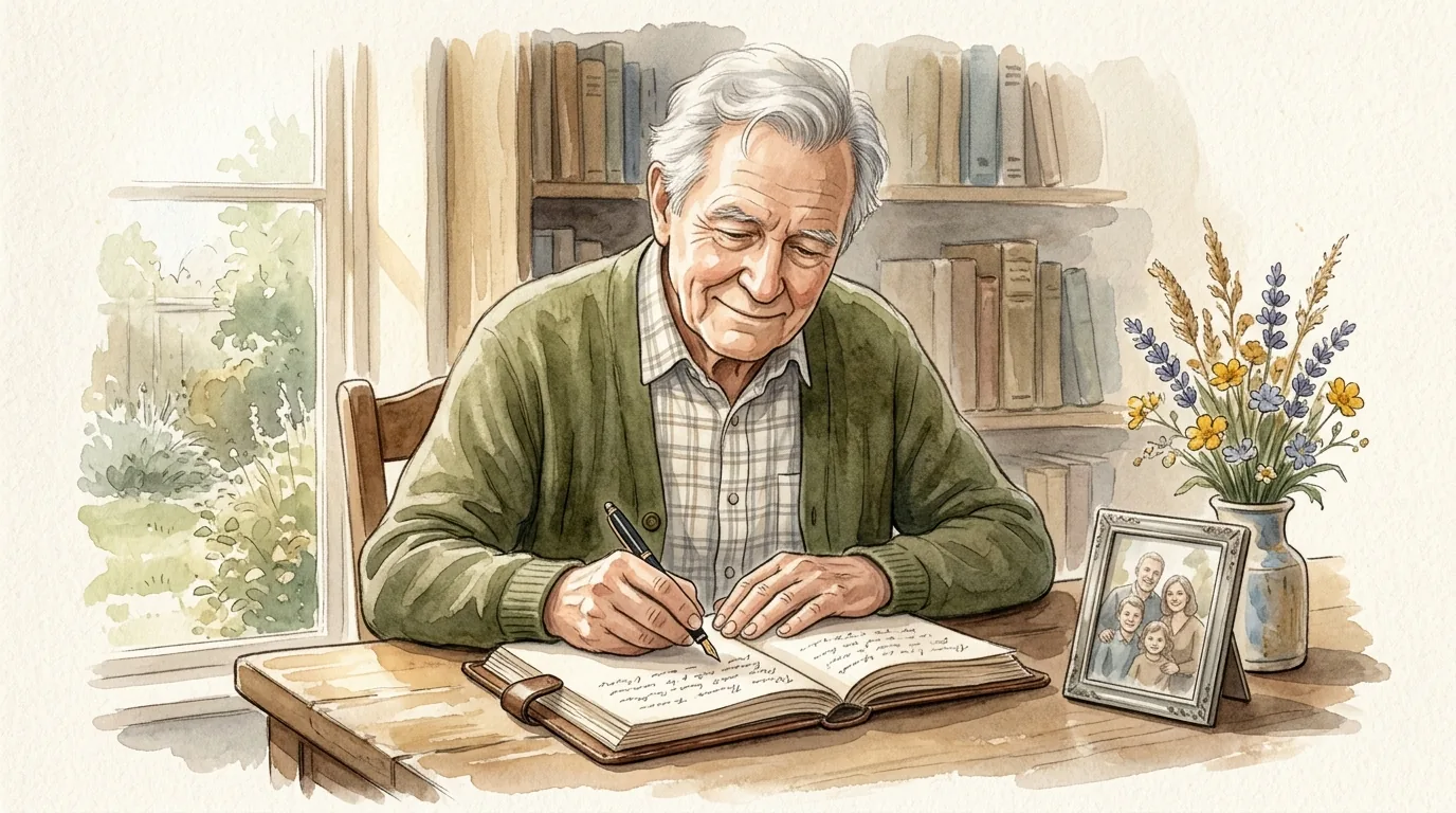 Older adult writing thoughtfully in a bound journal at a home desk, soft morning light
