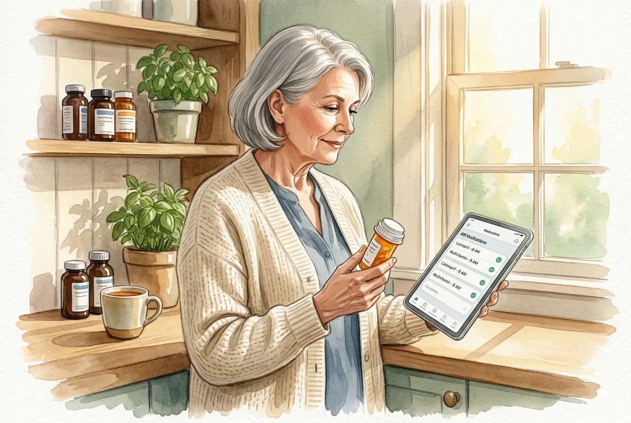 Older woman in a soft cardigan in her own kitchen, holding one pill bottle and checking a calm medication list on a tablet, warm morning light