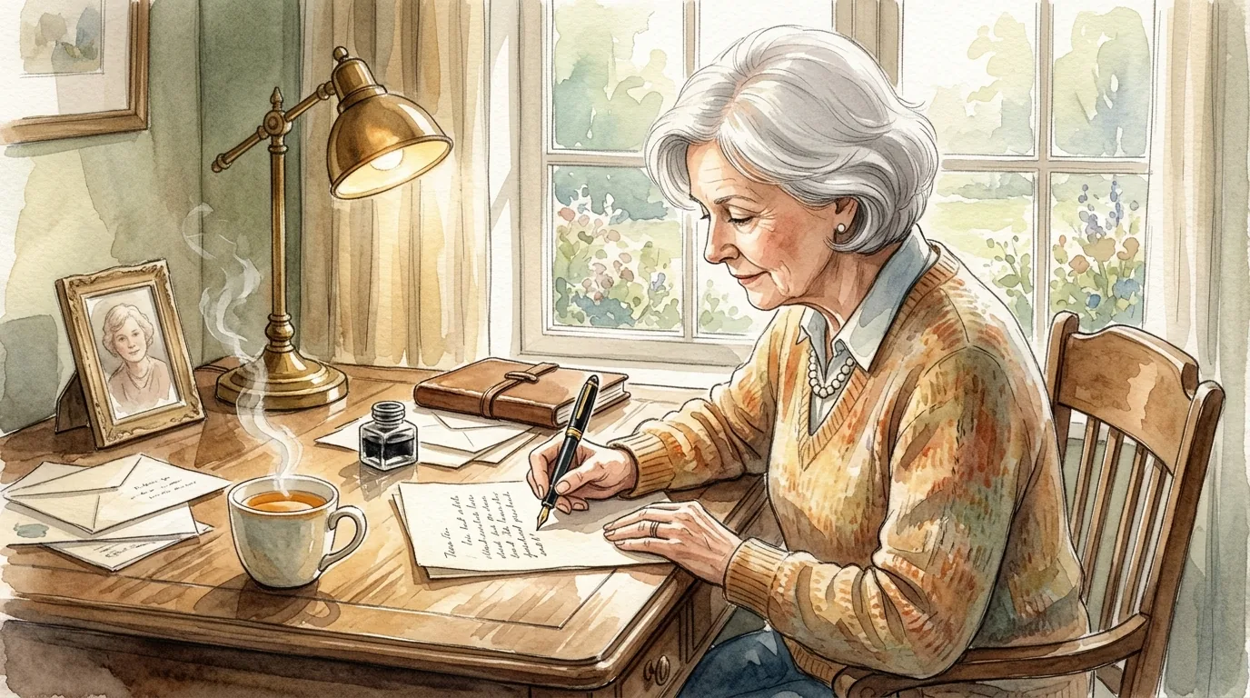 Older woman at a home desk, thoughtfully writing a letter by hand with a pen, soft lamp light