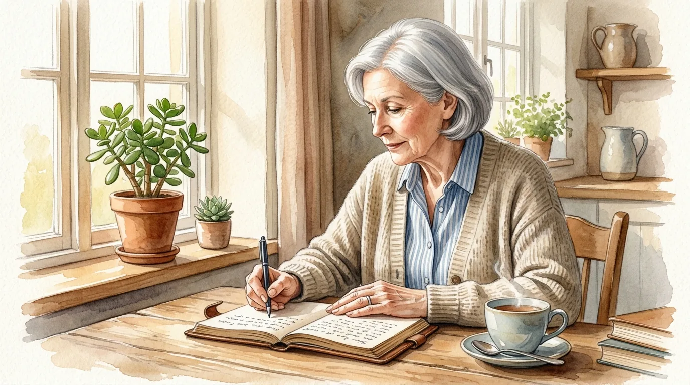 Older woman with silver hair writing thoughtfully in a journal at a kitchen table, soft morning light, tea beside her