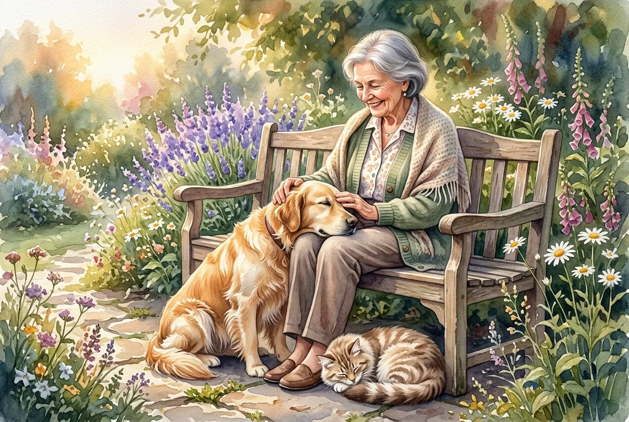 Older woman smiling on a garden bench at golden hour, a golden retriever resting its head on her lap, a tabby cat curled at her feet