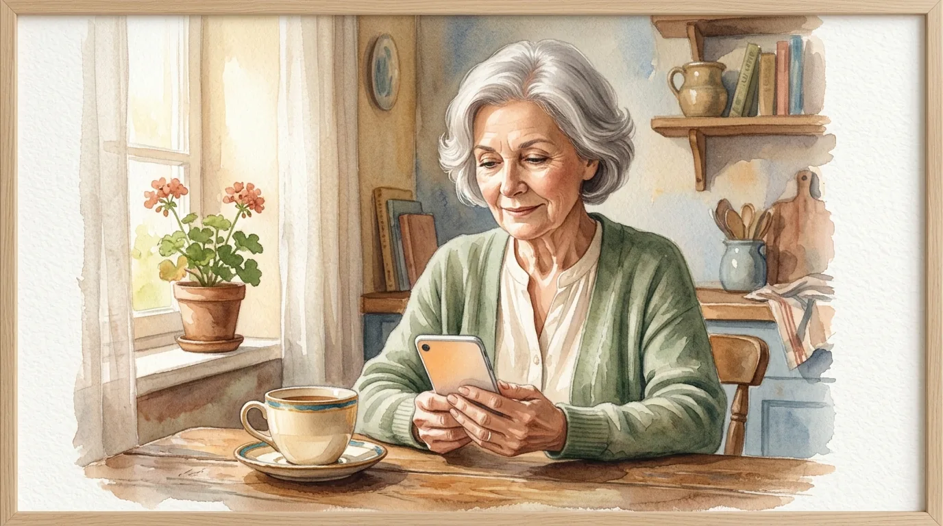 Older woman with silver hair at a kitchen table pausing calmly with her phone in hand, soft morning light, a cup of tea beside her