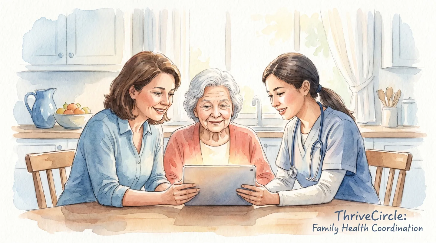 Multigenerational family collaborating around a digital care dashboard