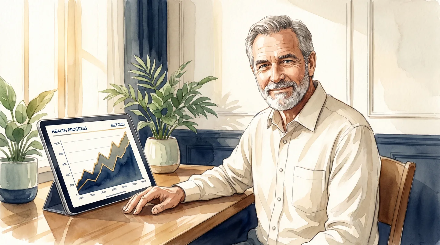 Smiling older woman holding tablet with holographic ThriveScore interface showing earned points