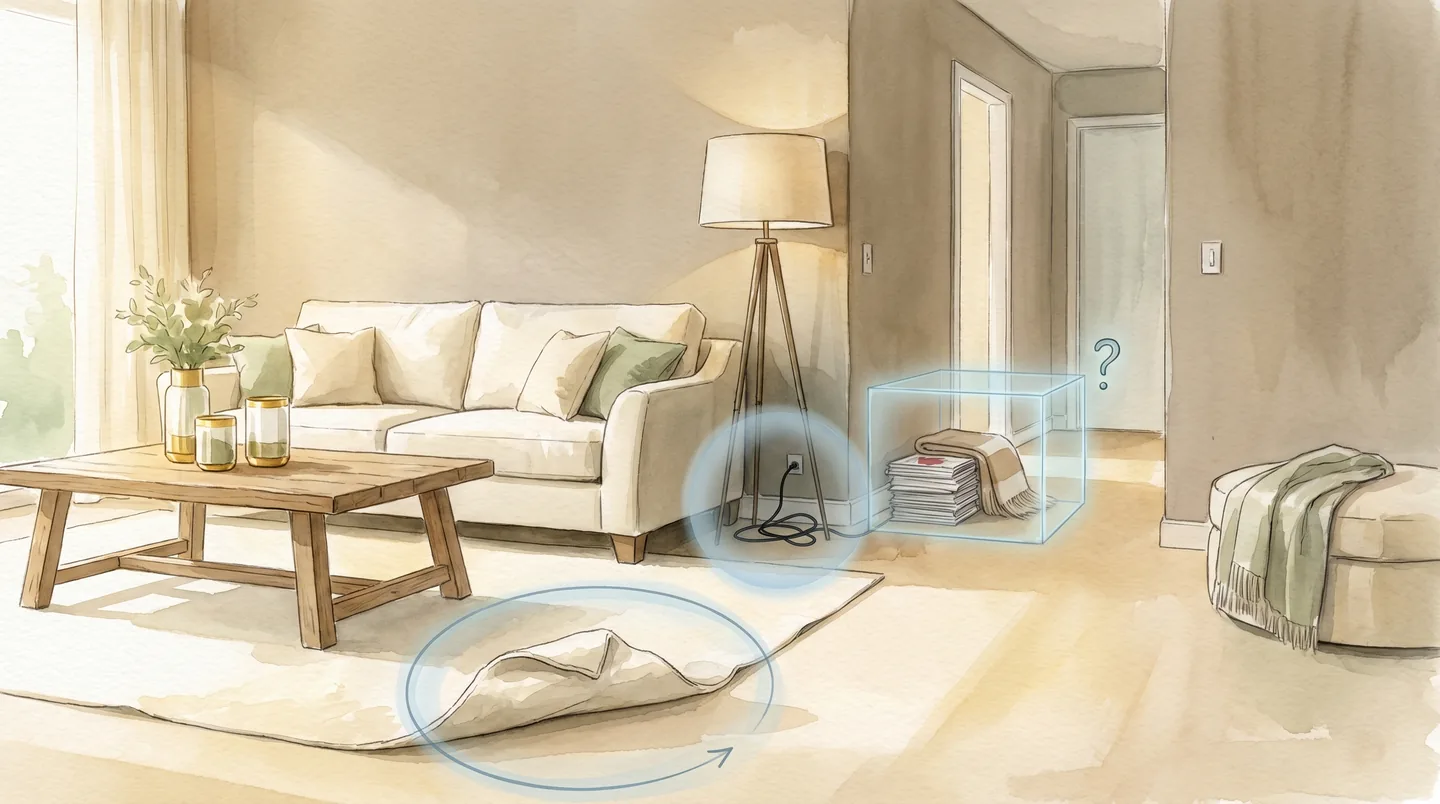Older adult using smartphone to check living room for safety hazards with Home Safety Checks