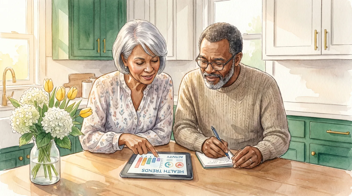 Confident older Black woman with natural gray hair using tablet at sunny kitchen table, tracking wellness with warm smile showing independence and empowerment