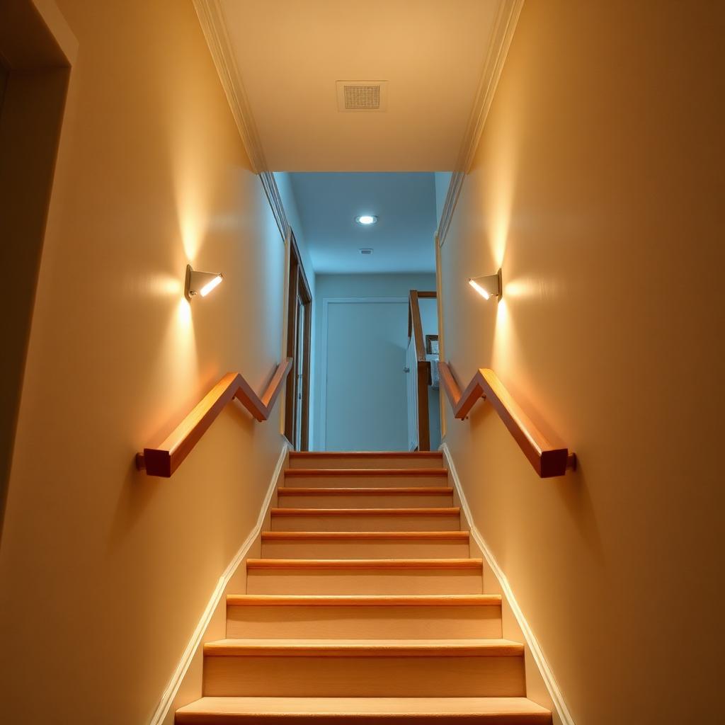 Well-lit staircase with sturdy handrails on both sides for home fall prevention