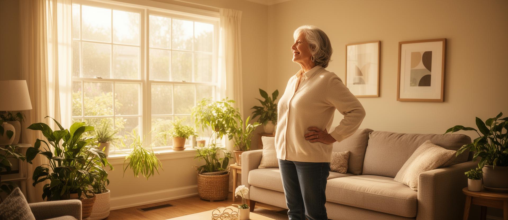 Confident older adult standing in a bright, sunlit living room with plants and comfortable furniture
