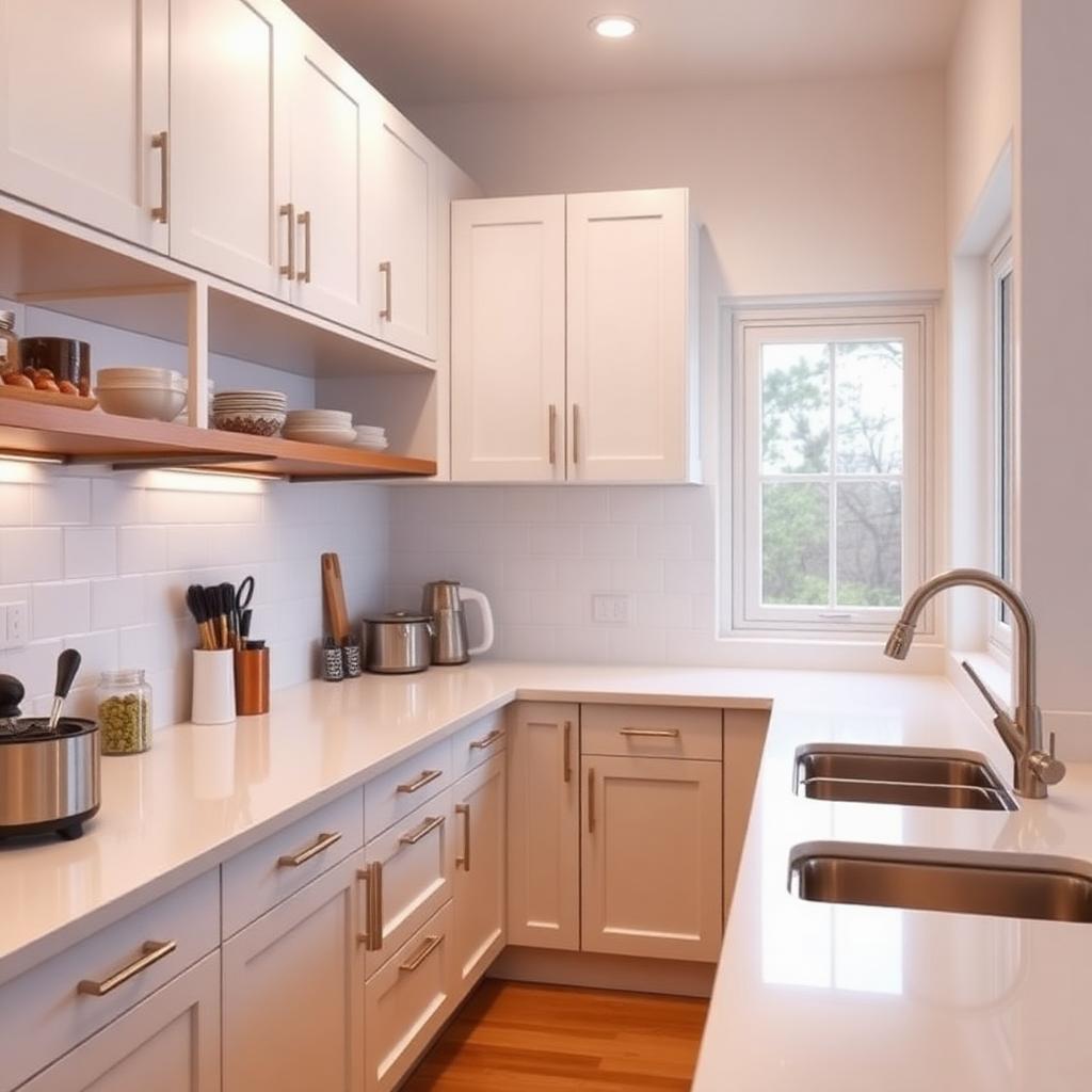 Bright, well-organized kitchen with accessible storage for aging in place