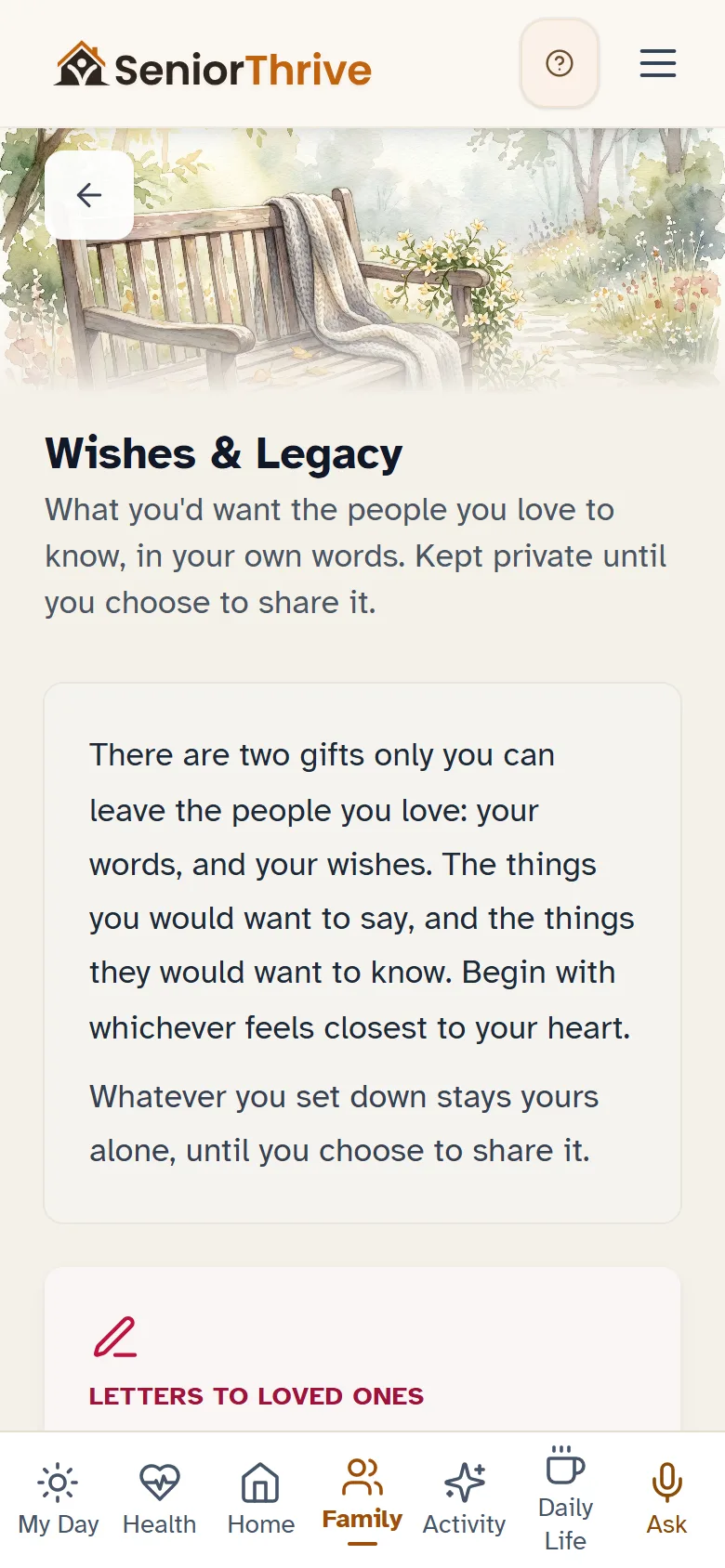 Wishes and Legacy: letters and wishes, private until they choose to share