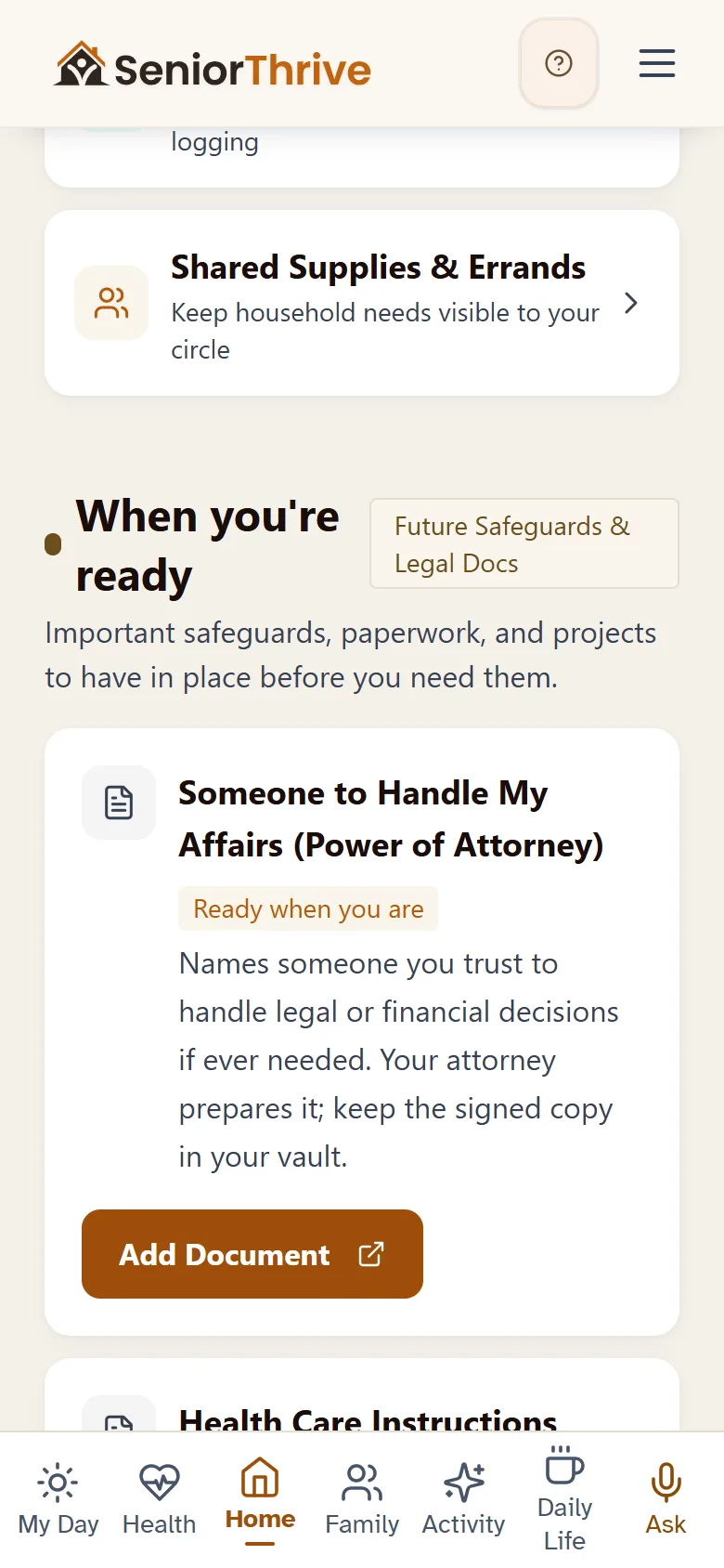 The Future Safeguards step: Power of Attorney, and the line telling them their attorney prepares it