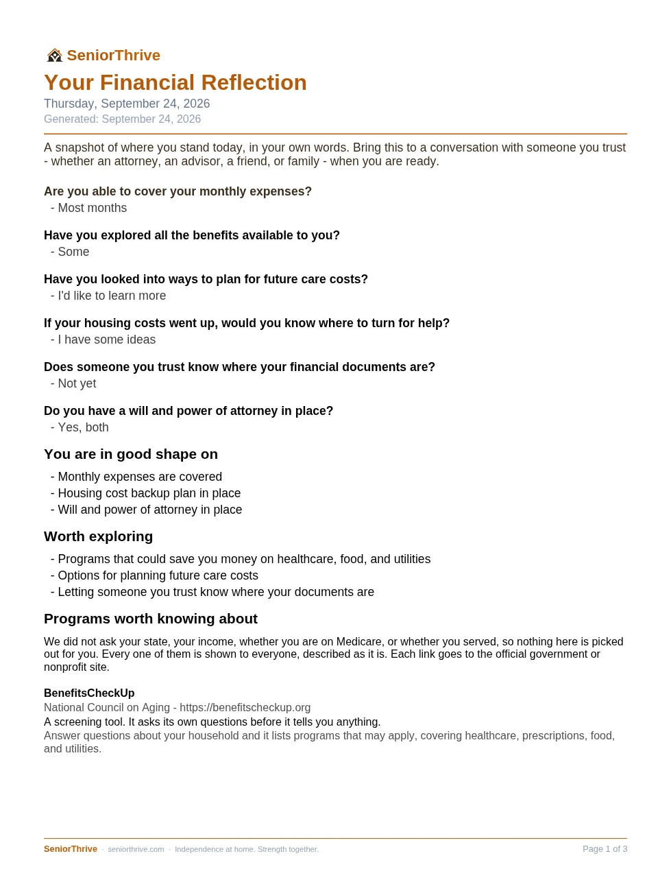 Page 1 of the Planning Ahead PDF, filled in with sample answers. It runs three pages, and SeniorThrive keeps no copy.