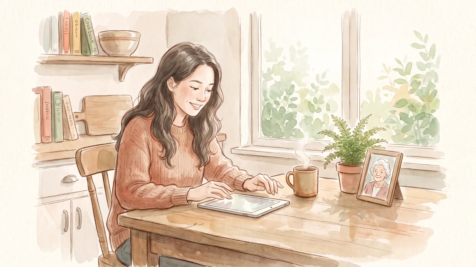 Watercolor illustration of a woman in her forties at her kitchen table setting up a tablet, a framed photograph of her mother beside her.