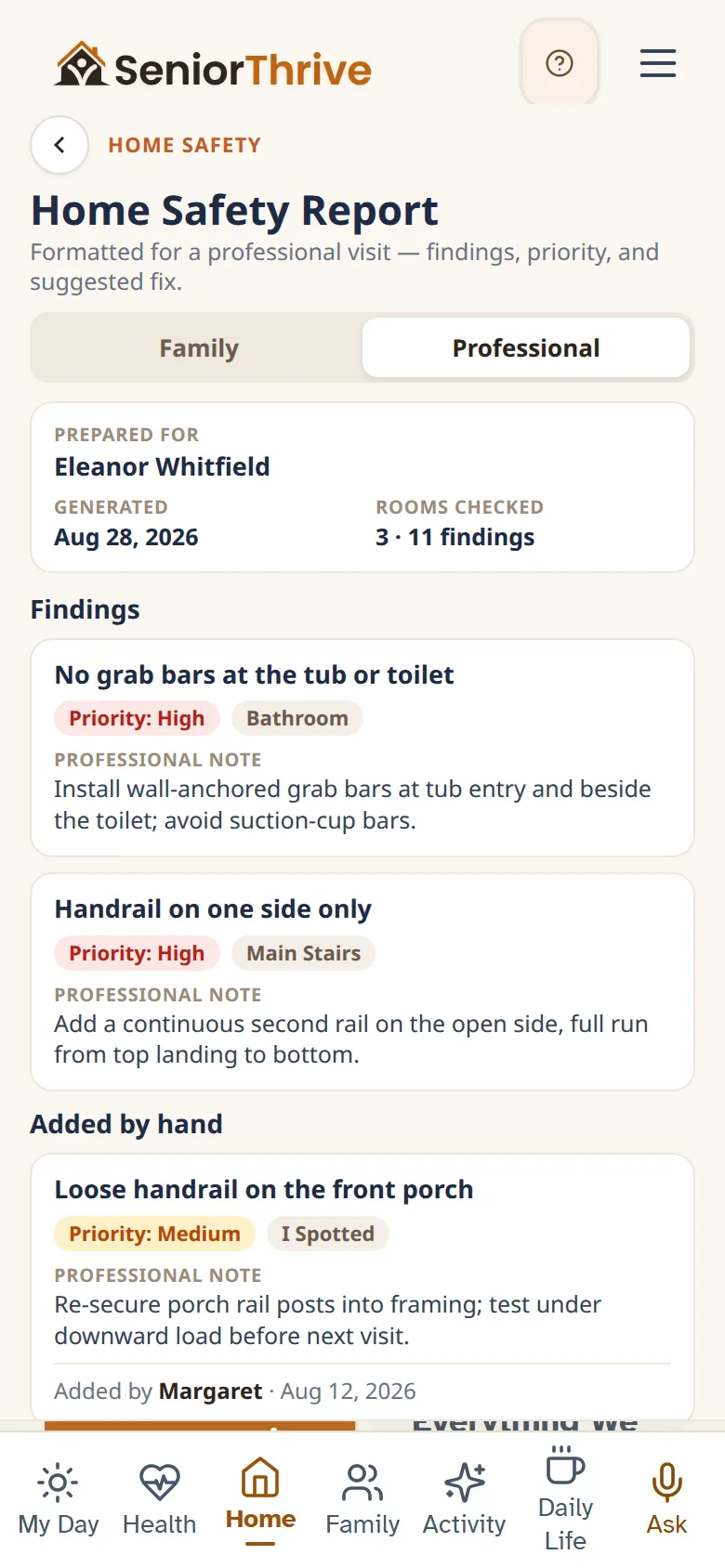 The professional Home Safety Report: each finding with its priority and suggested fix, plus hand-added items with who added them and when