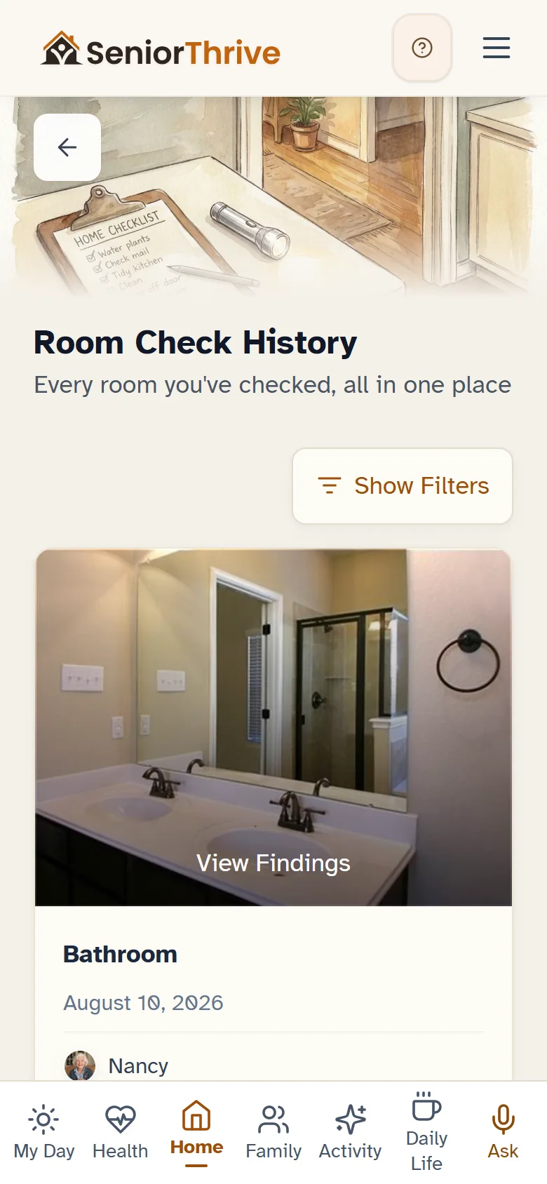 Every room checked so far, each with its date and findings