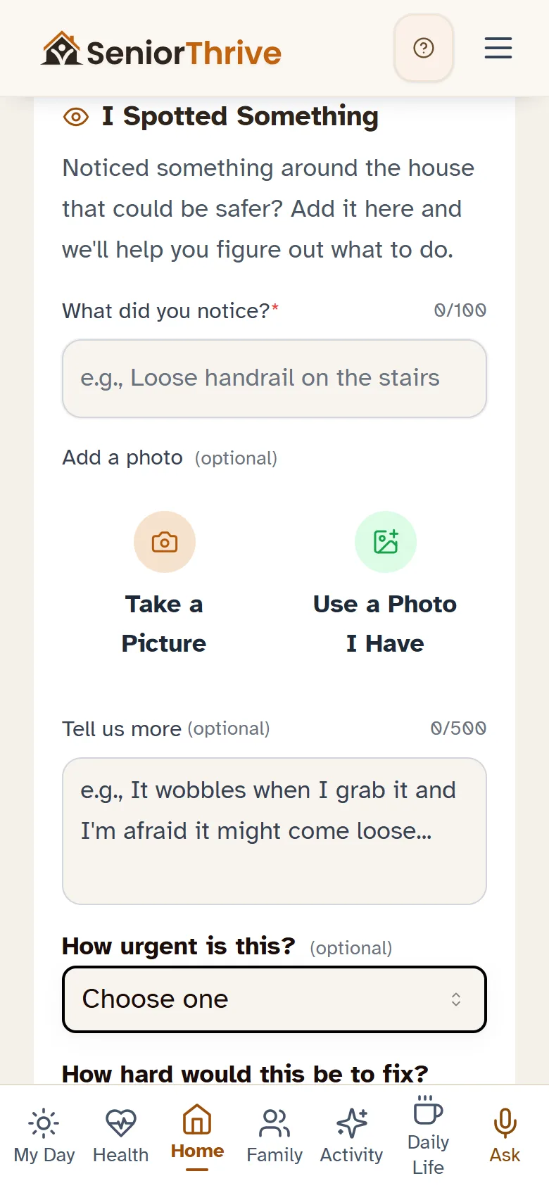 Logging something on the spot: what you noticed, a photo, how urgent, how hard to fix