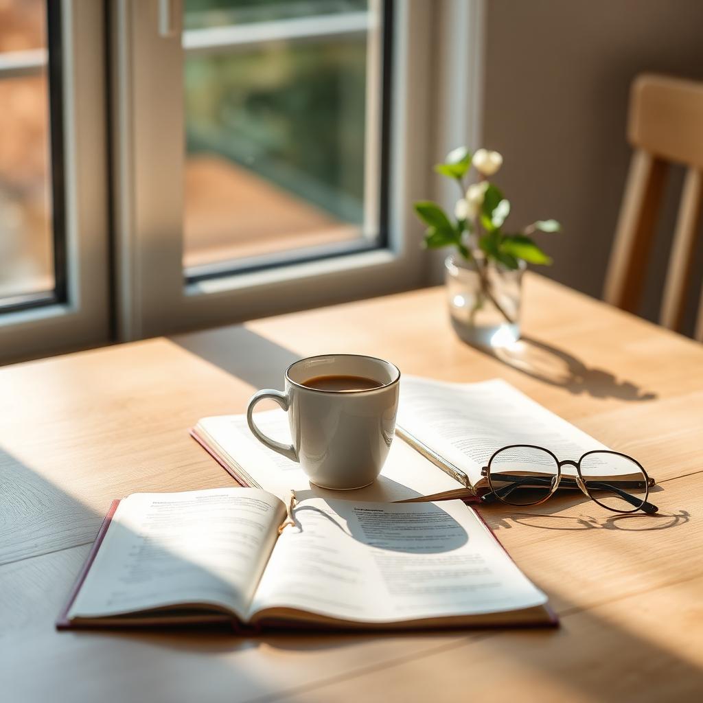 Simple morning wellness routine with coffee, journal, and reading glasses in warm sunlight