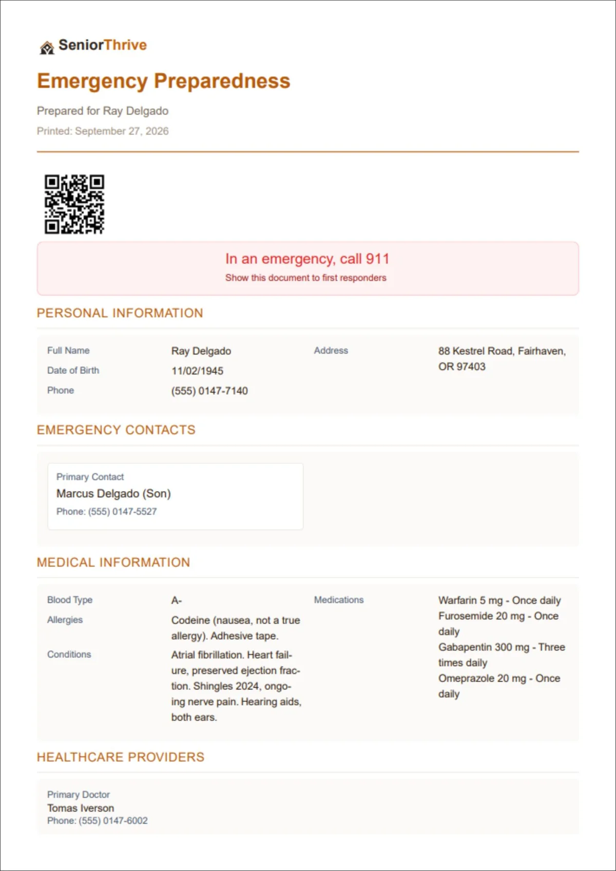 Sample SeniorThrive Emergency Information page for Ray Delgado, a fictional household: personal details, emergency contacts, blood type, allergies, conditions, medications, and primary doctor on one printable page for the fridge or first responders.
