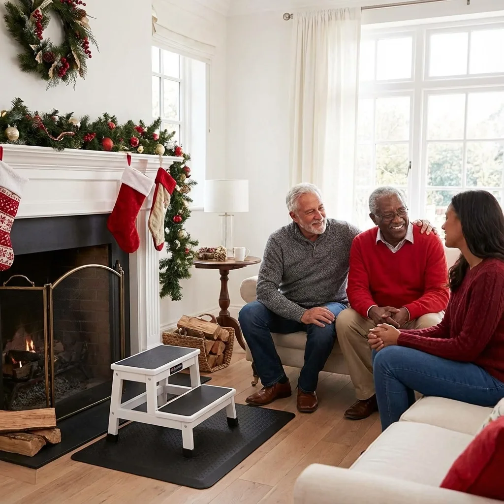 Older adults talking on a sofa beside a fireplace hung with garland and a stocking, a step stool left on the hearth