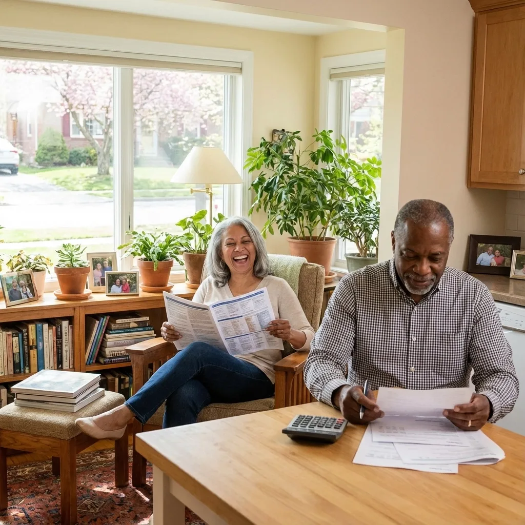 An older woman reads on the sofa while an older man works through paperwork with a calculator at the dining table