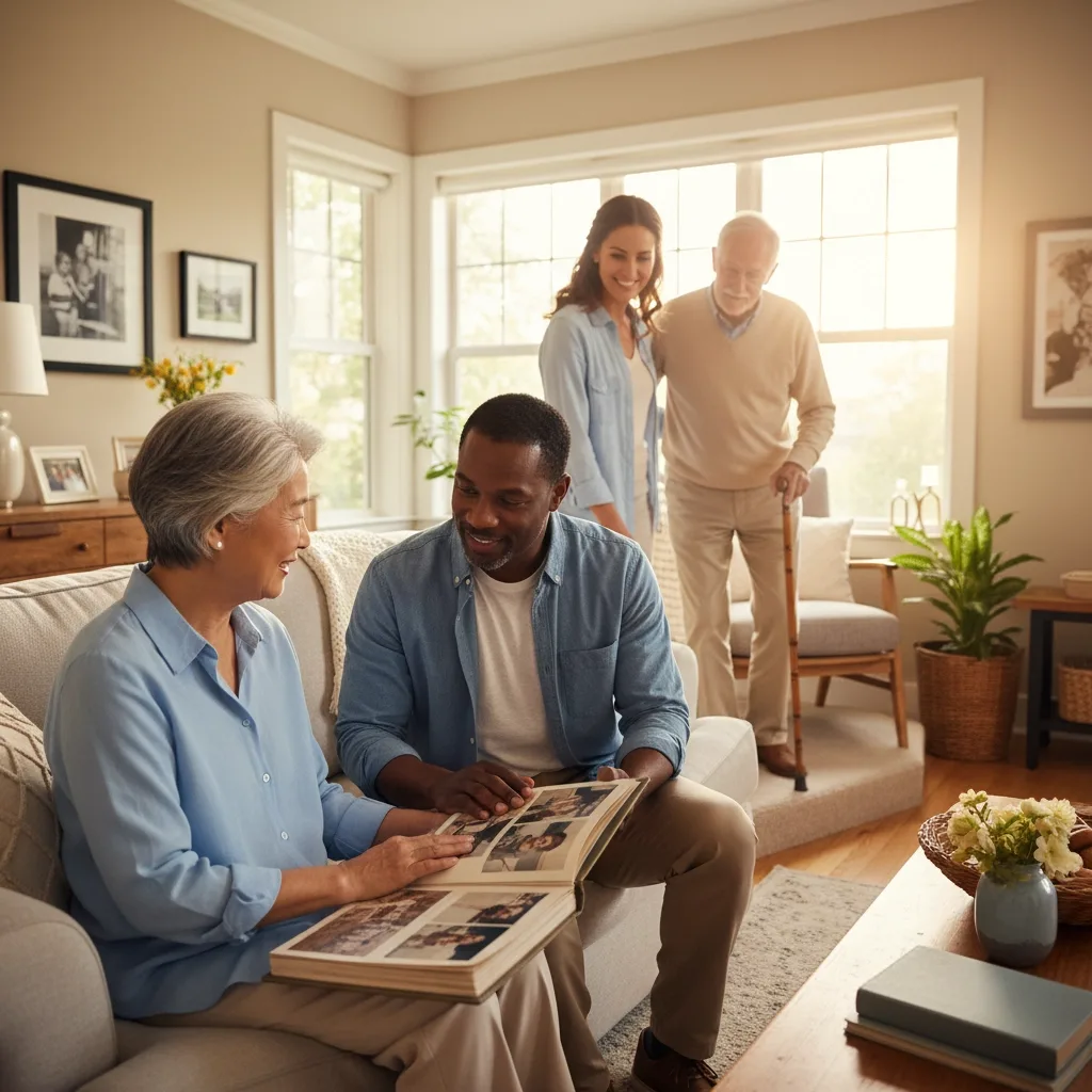 An older couple look at a photo album on the sofa while a woman helps an older man walk with a cane behind them