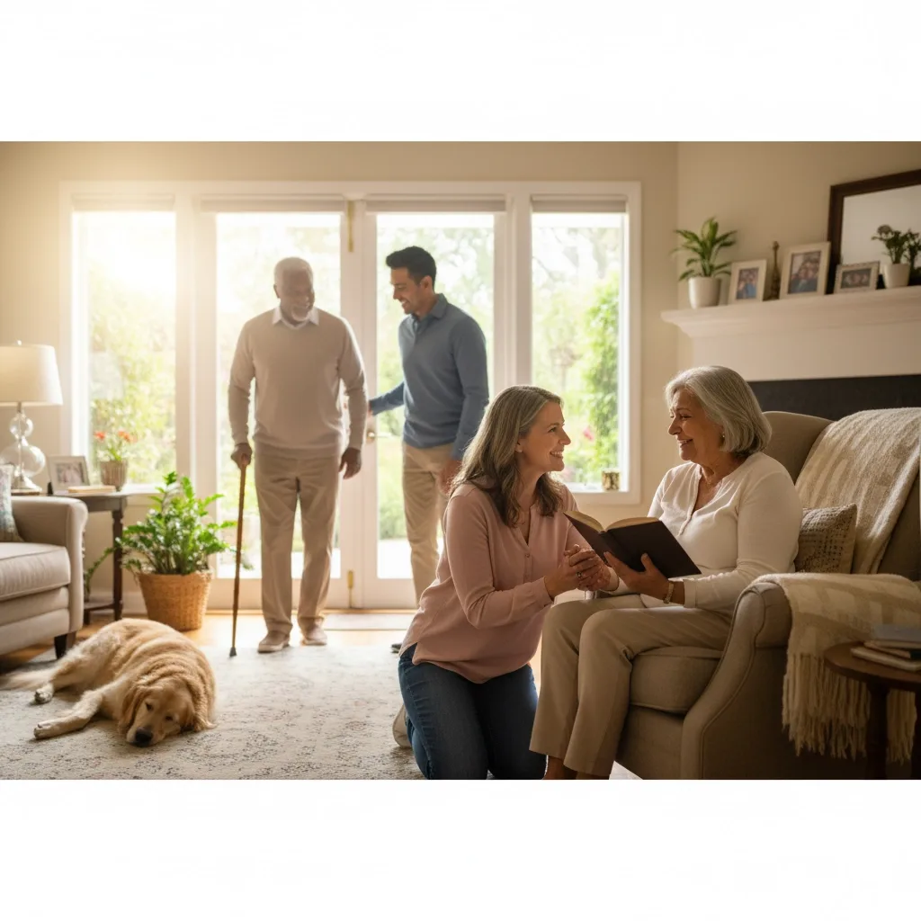 A sunlit living room where a man walks in to greet another, two women sit talking, and a dog sleeps on the rug