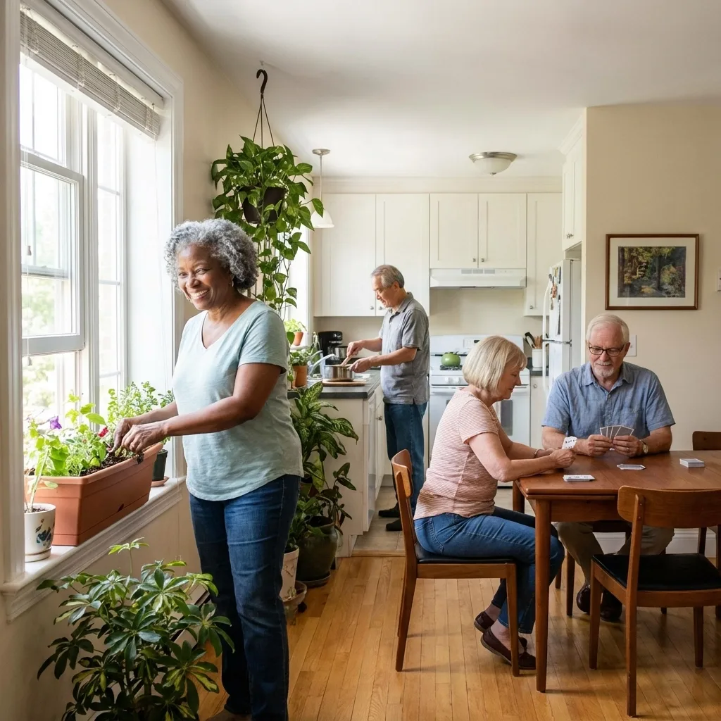 An older woman tends potted plants at a bright window while others sit at the kitchen table behind her