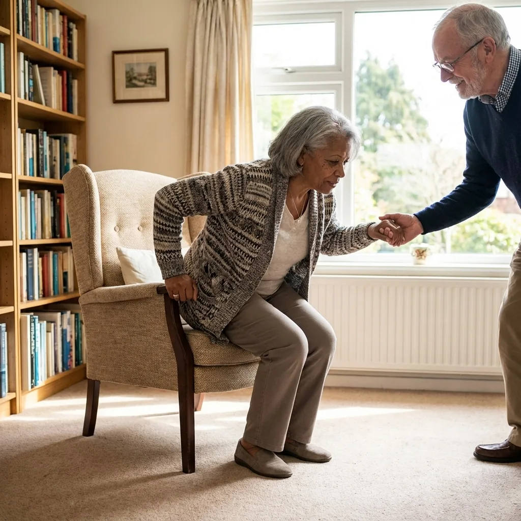 An older man helping an older woman rise from an armchair, her cane in hand