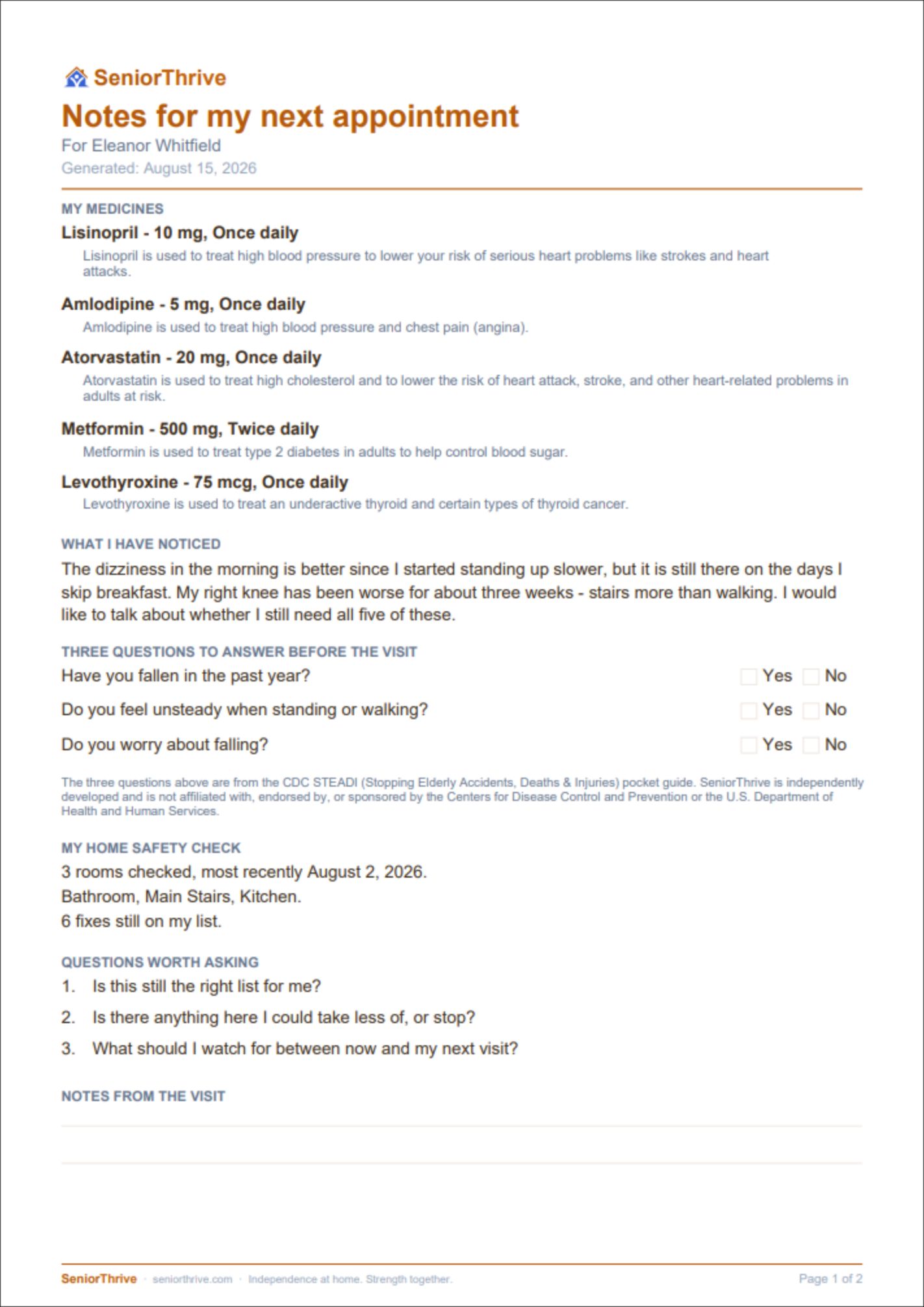 A page of the Notes For My Next Appointment sample