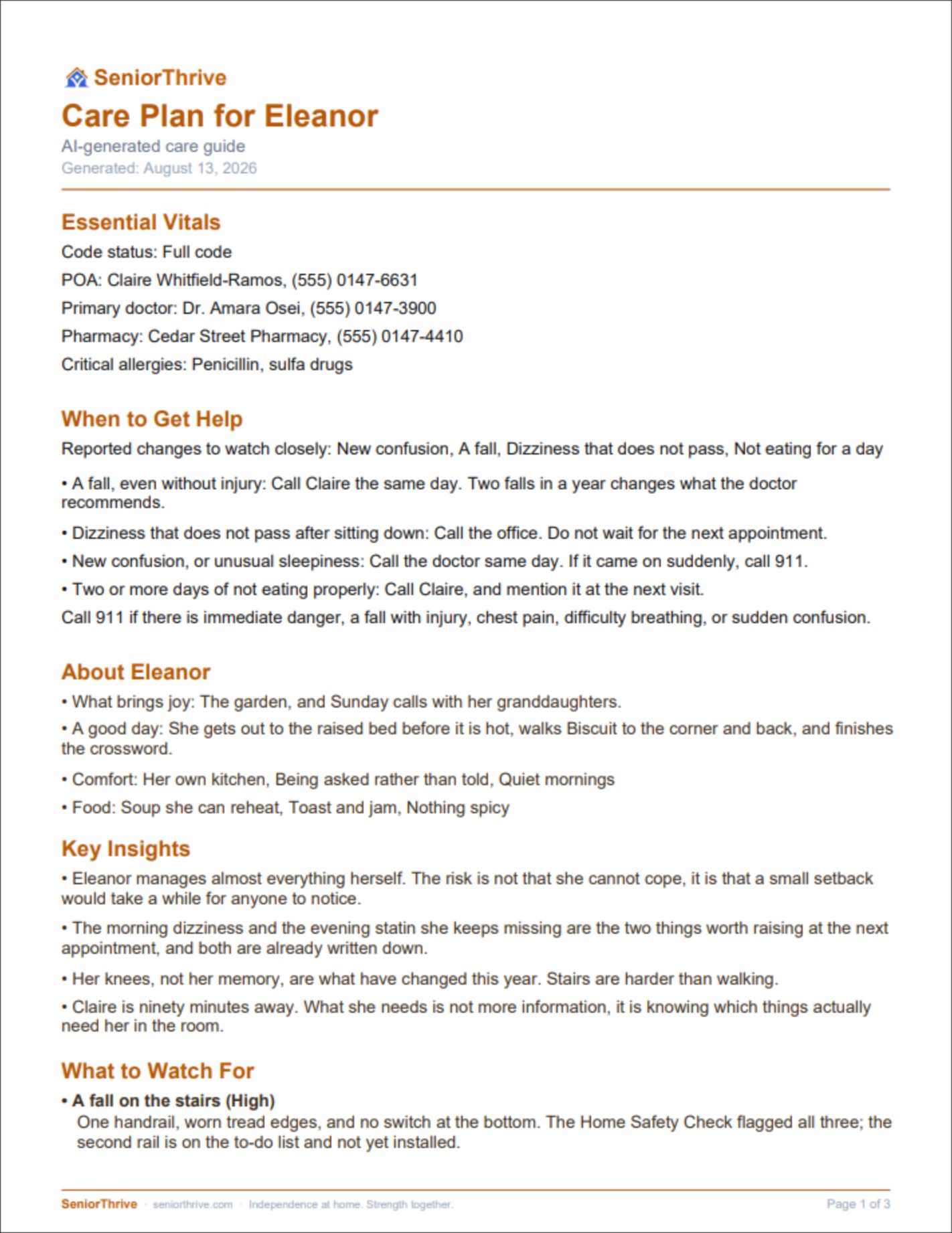 A page of the Care Plan sample