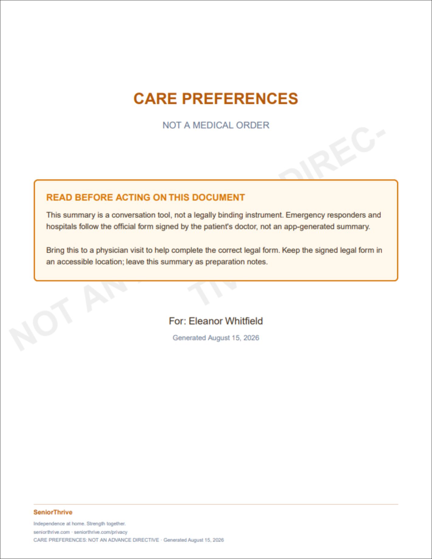 A page of the Care Preferences sample