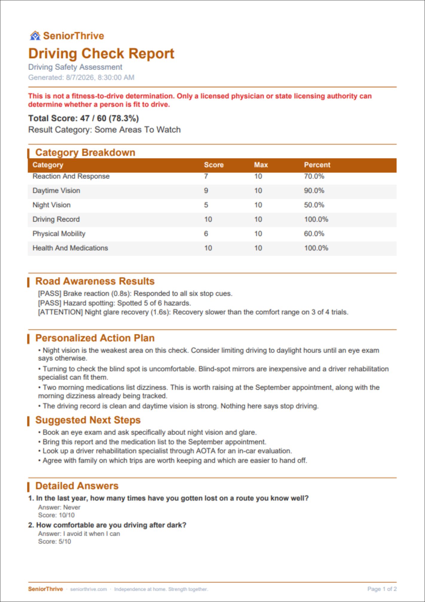 A page of the Driving Check Report sample