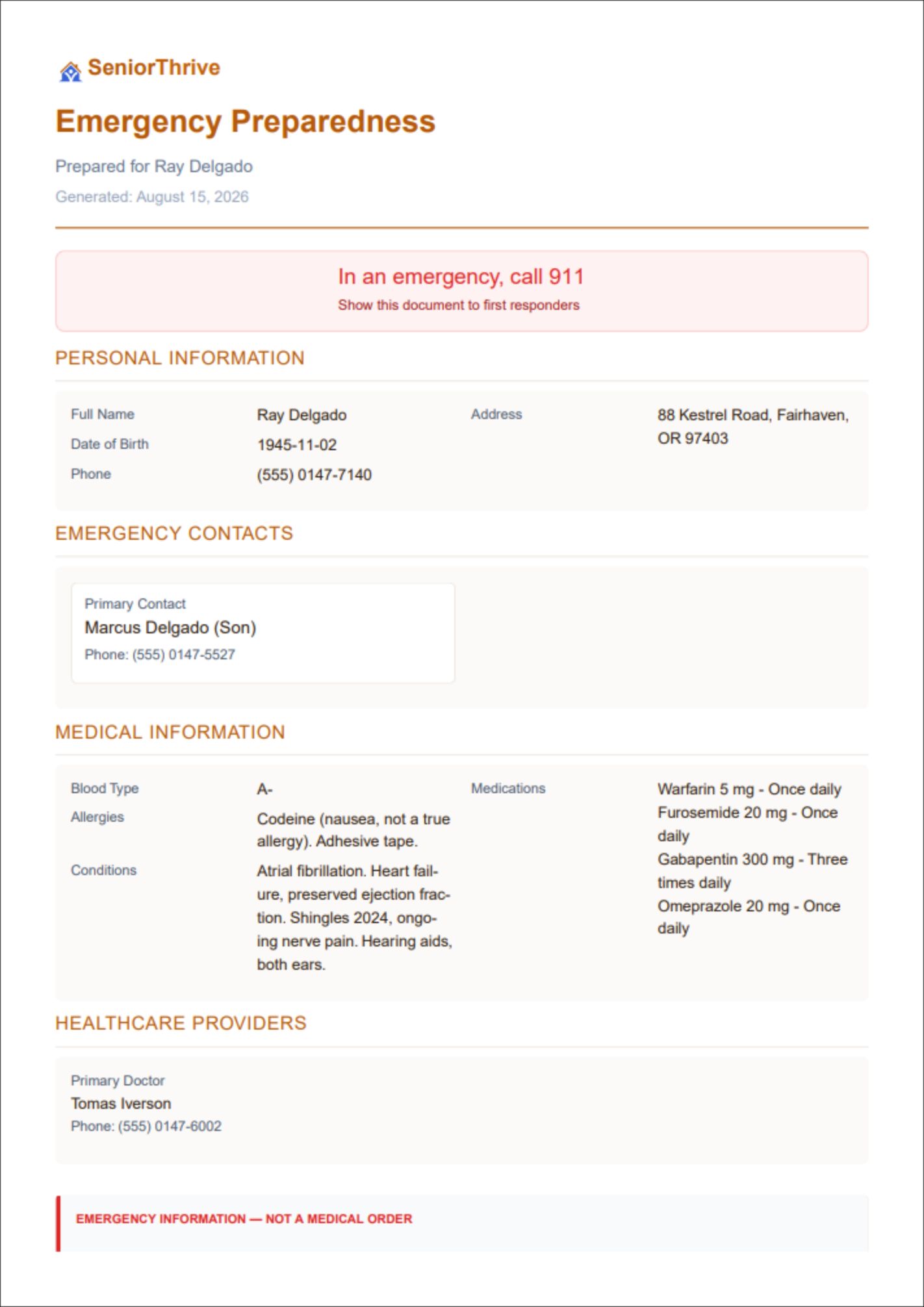 A page of the Emergency Information Page sample